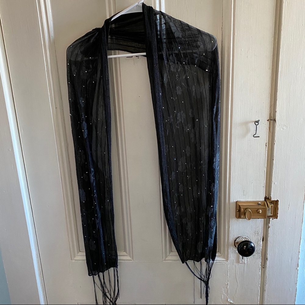 Long Black Tasseled Floral Scarf